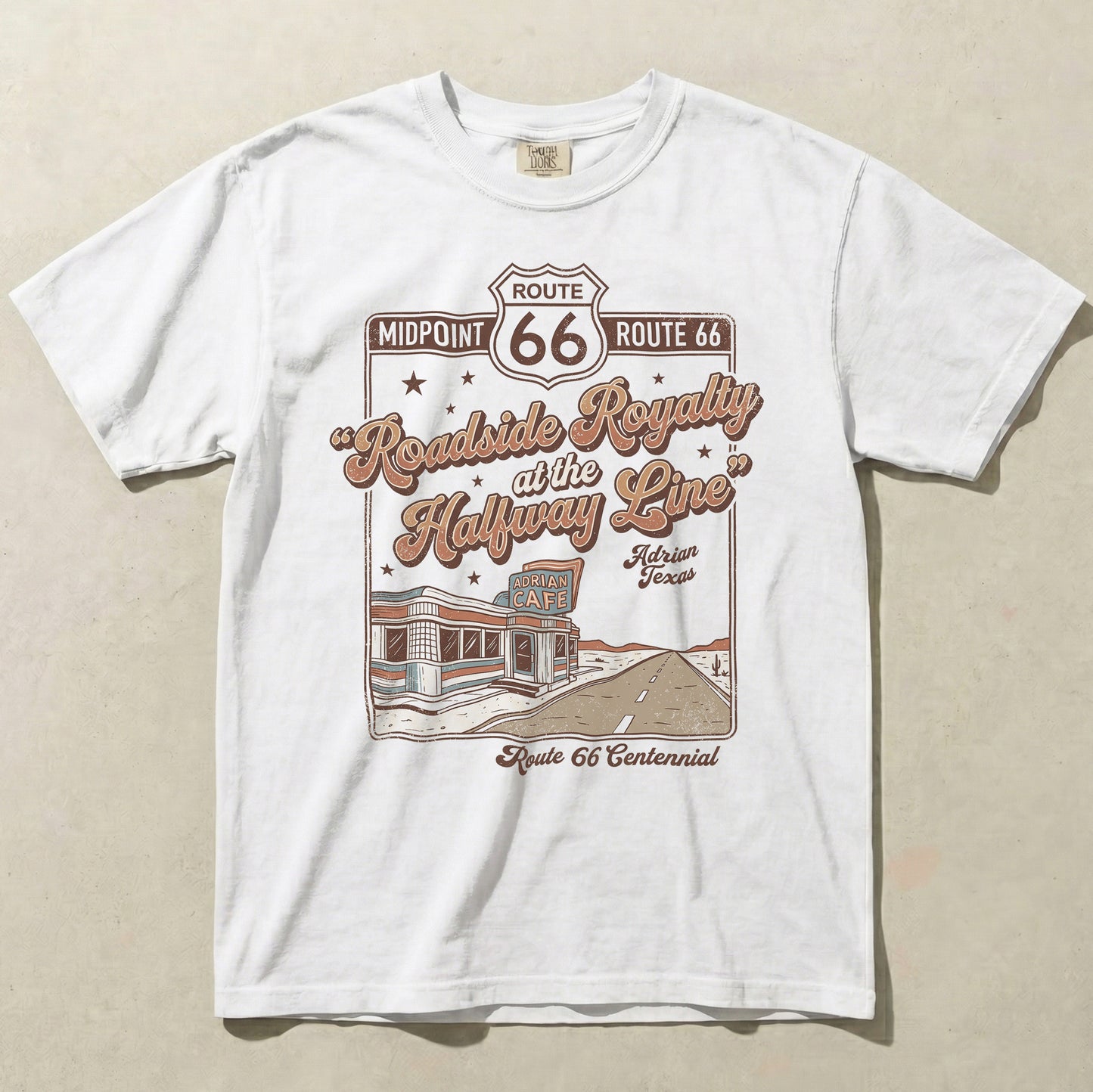 Route 66 Roadside Royalty Shirt Adrian TX Midpoint Vintage Travel Graphic Tee