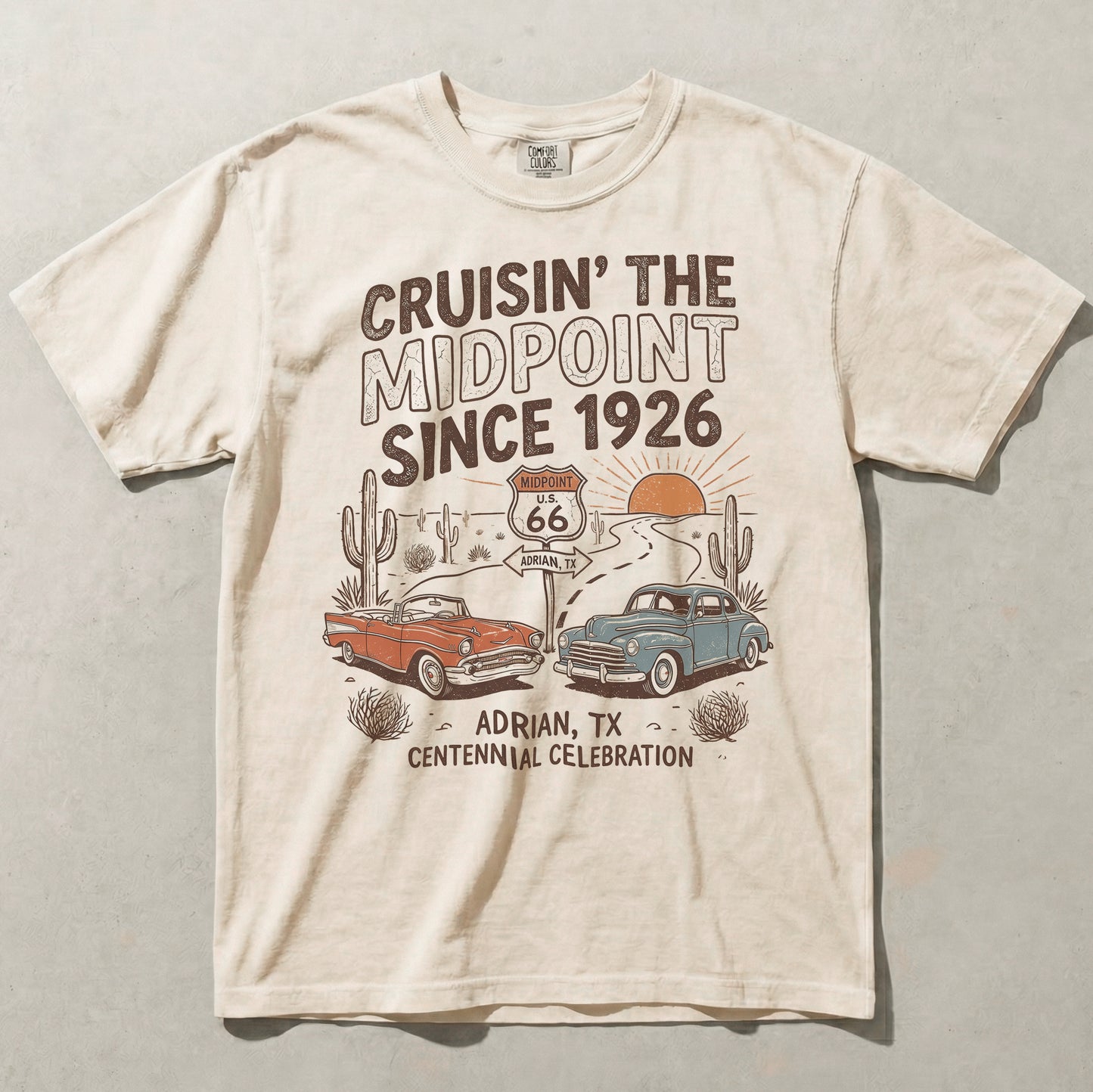 Route 66 Cruisin The Midpoint Shirt Adrian TX Vintage Cars Road Trip Graphic Tee