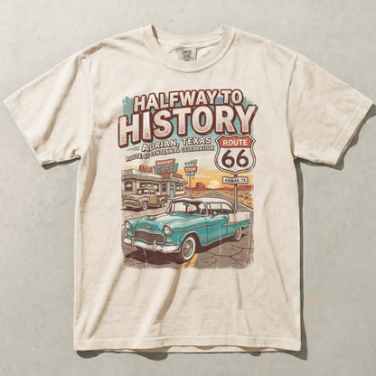 Route 66 Halfway to History Shirt Adrian Texas Vintage Car Road Trip Graphic Tee