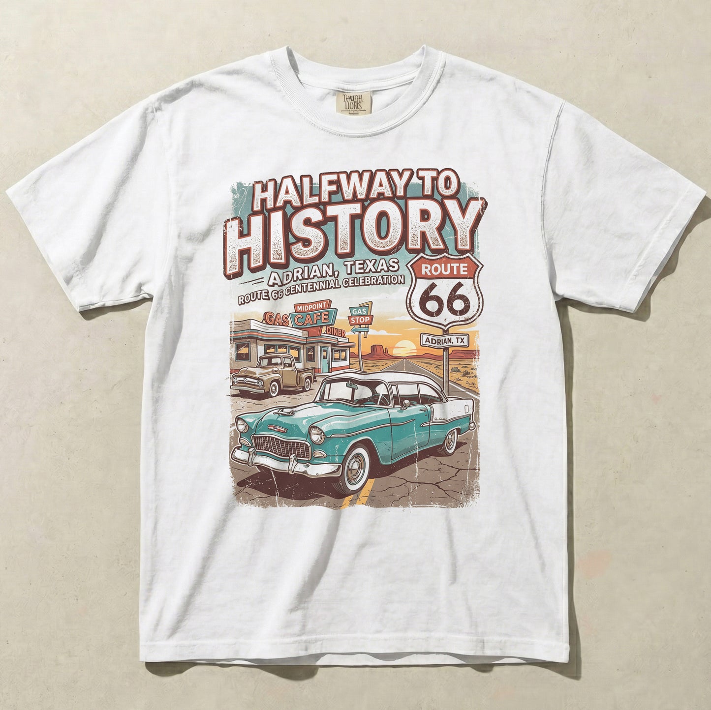 Route 66 Halfway to History Shirt Adrian Texas Vintage Car Road Trip Graphic Tee