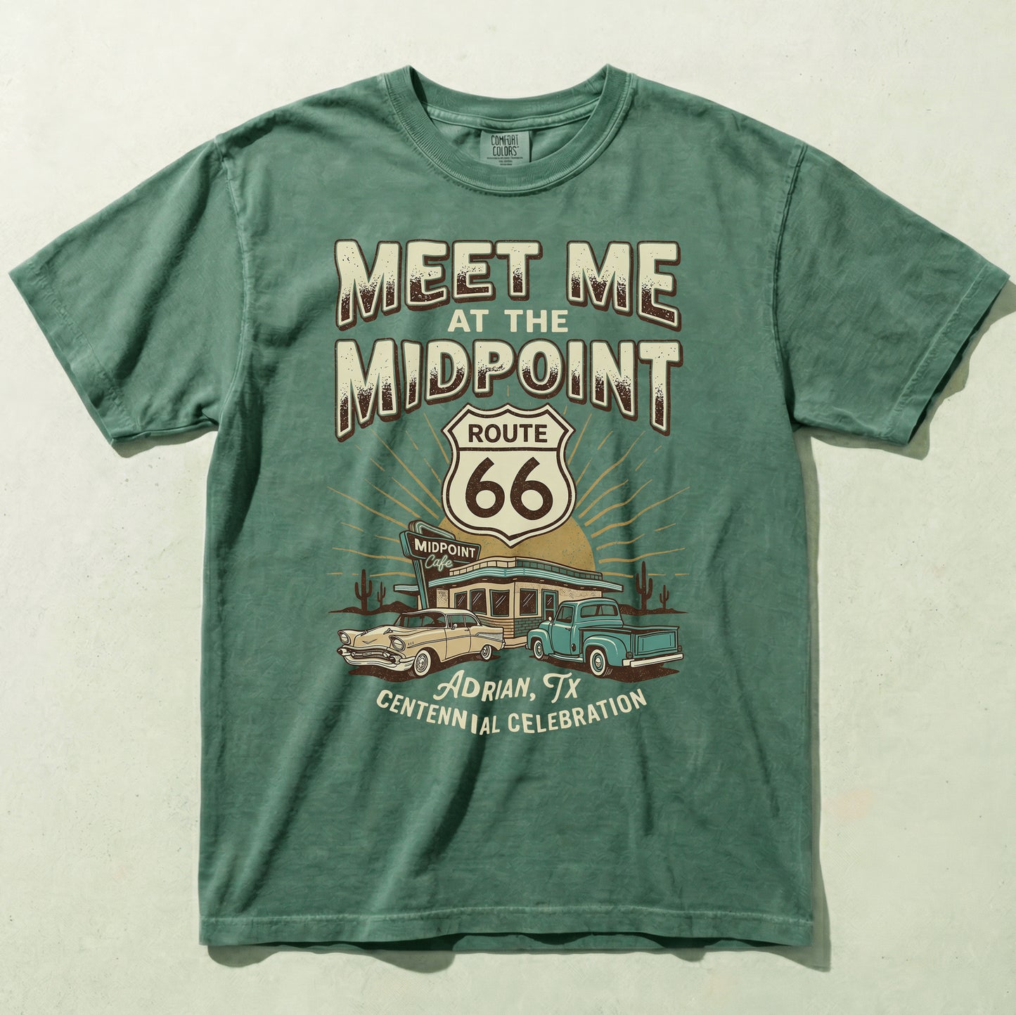 Route 66 Meet Me at the Midpoint Shirt Adrian Texas Vintage Road Trip Graphic Tee