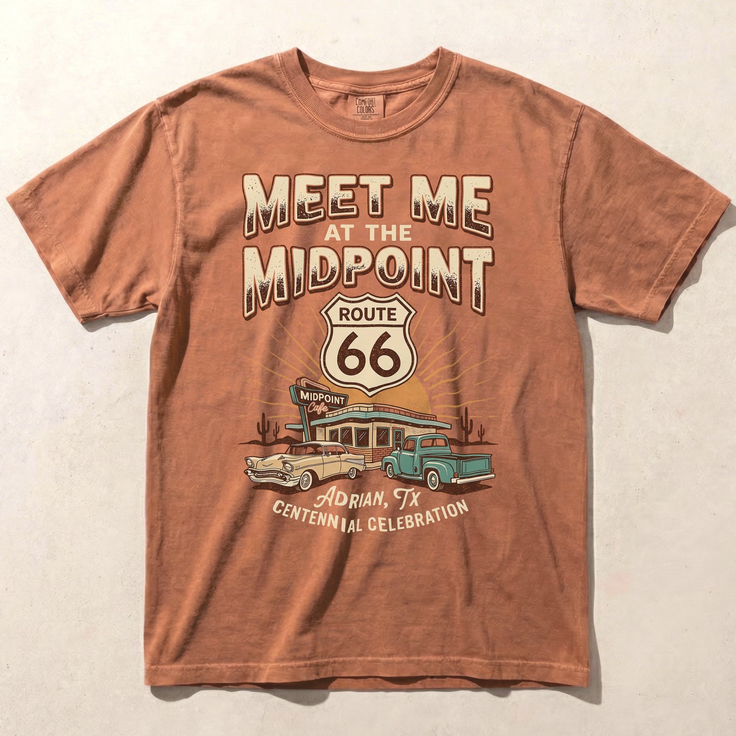 Route 66 Meet Me at the Midpoint Shirt Adrian Texas Vintage Road Trip Graphic Tee