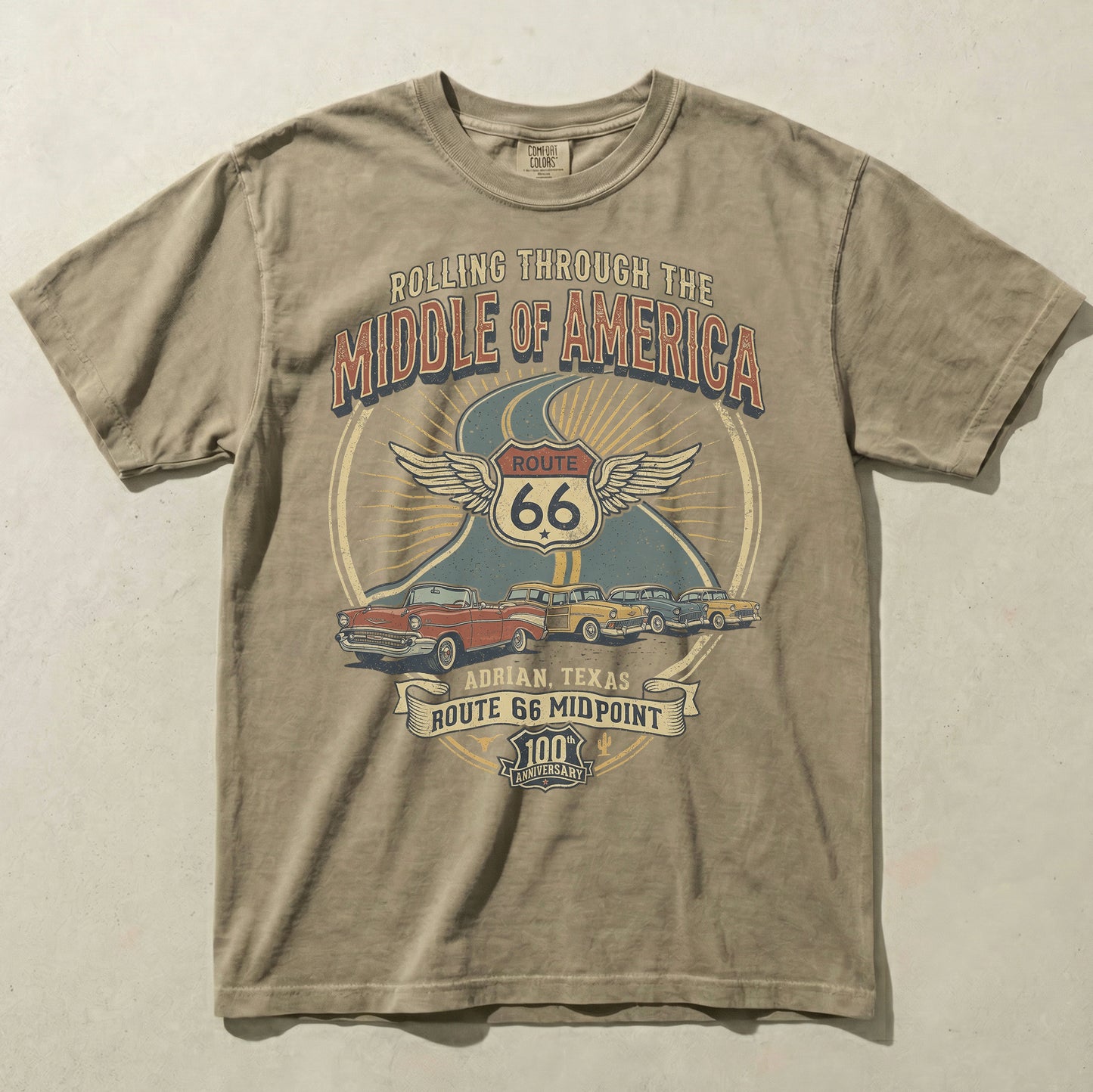 Route 66 Middle of America Shirt Adrian Texas Vintage Road Trip Graphic Tee