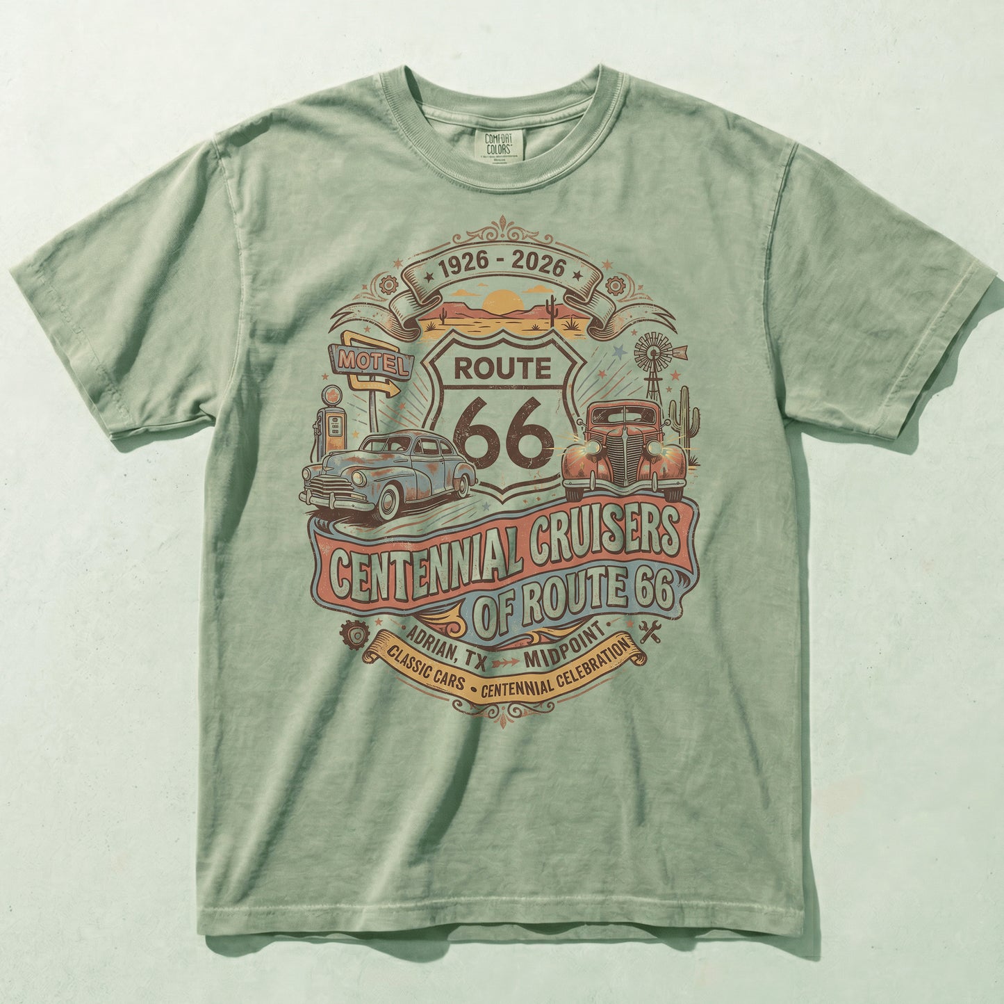 Route 66 Centennial Cruisers Shirt 1926 2026 Adrian Texas Vintage Car Graphic Tee