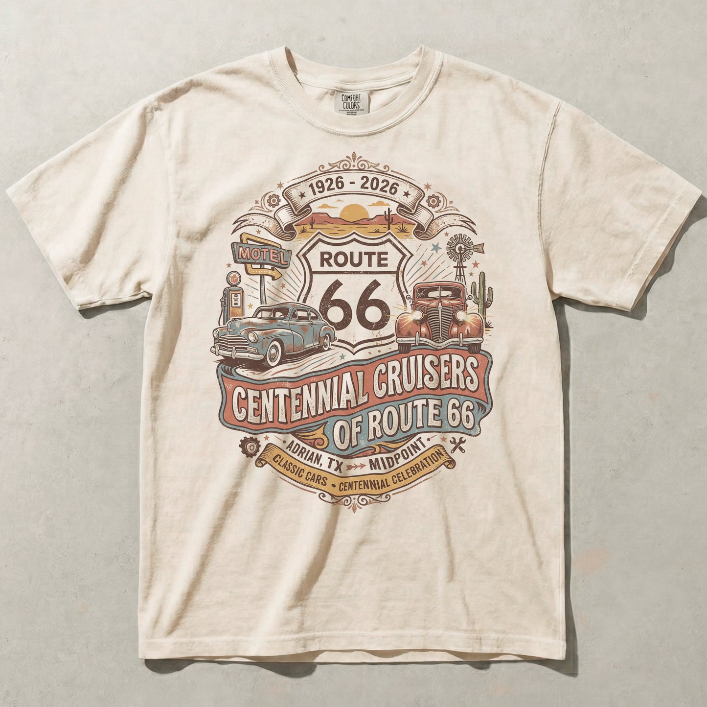 Route 66 Centennial Cruisers Shirt 1926 2026 Adrian Texas Vintage Car Graphic Tee