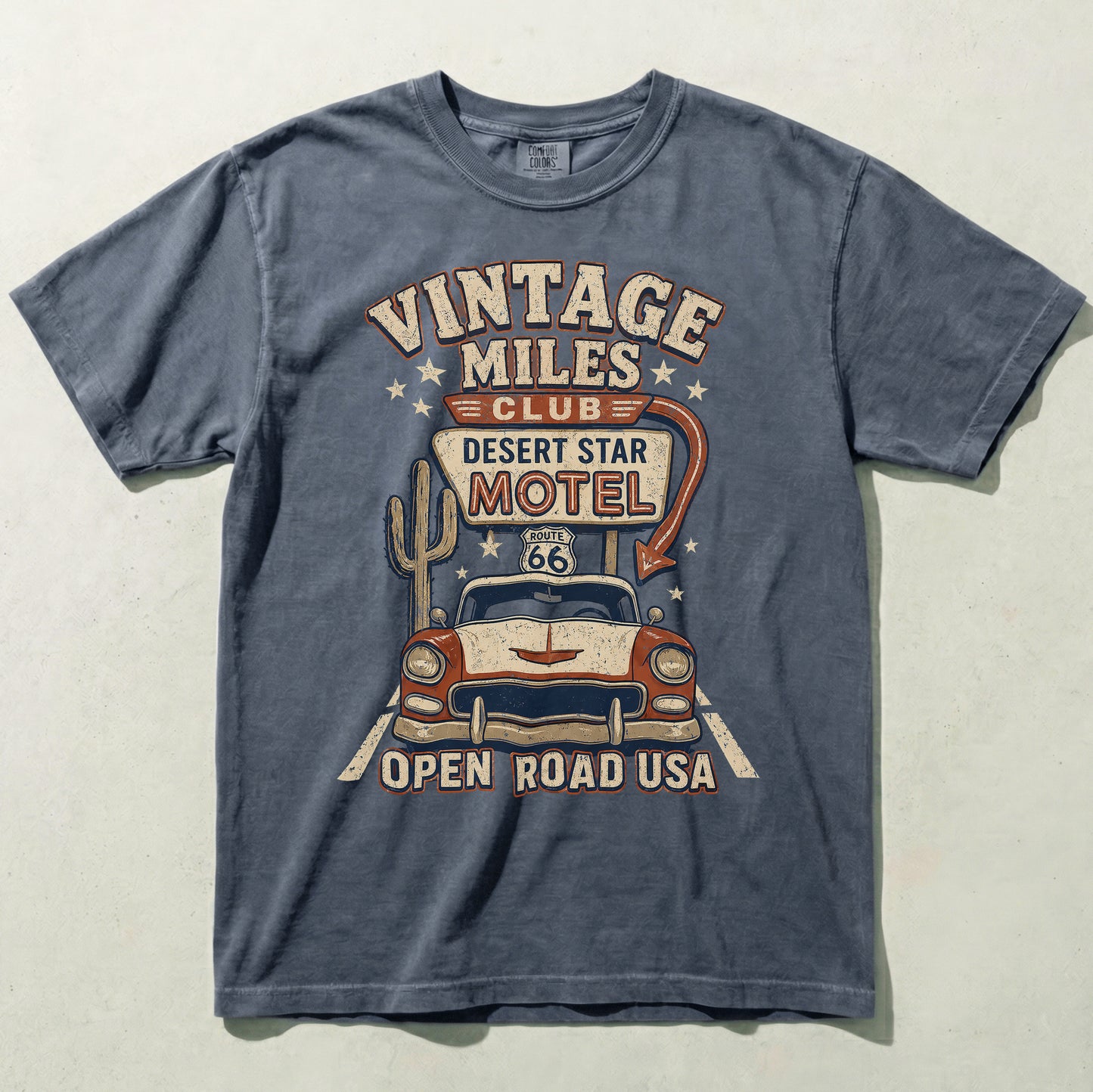 Vintage Miles Club Route 66 Graphic Tee – Desert Star Motel Open Road Shirt
