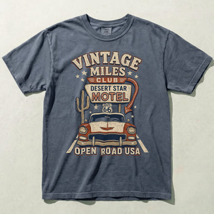 Vintage Miles Club Route 66 Graphic Tee – Desert Star Motel Open Road Shirt