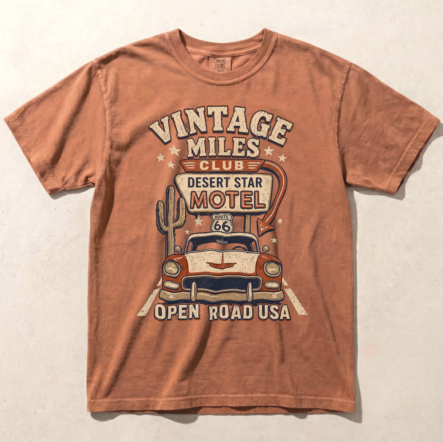 Vintage Miles Club Route 66 Graphic Tee – Desert Star Motel Open Road Shirt