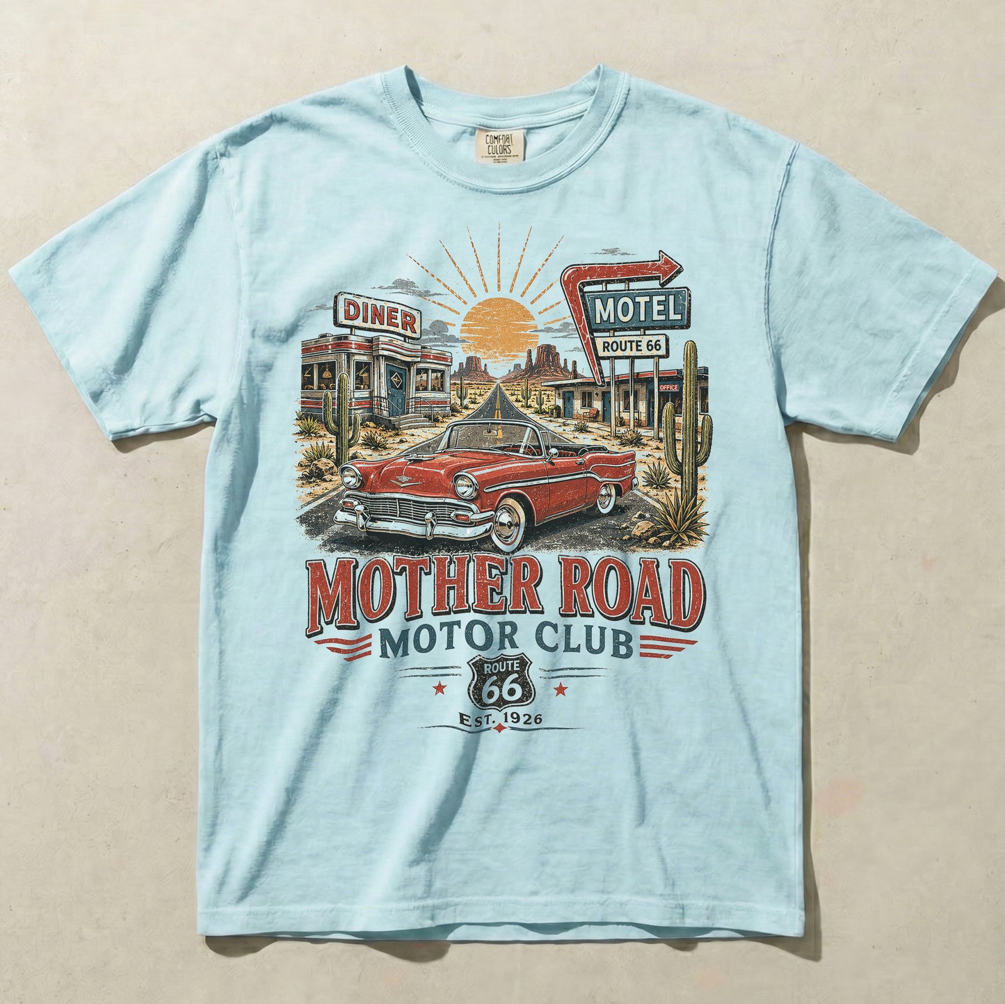 Route 66 Diner Motel Graphic Tee Vintage Road Trip Classic Car Shirt