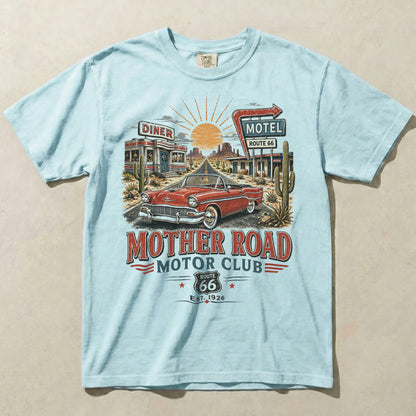 Route 66 Diner Motel Graphic Tee Vintage Road Trip Classic Car Shirt
