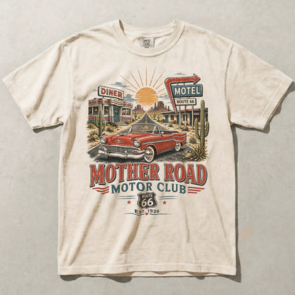 Route 66 Diner Motel Graphic Tee Vintage Road Trip Classic Car Shirt