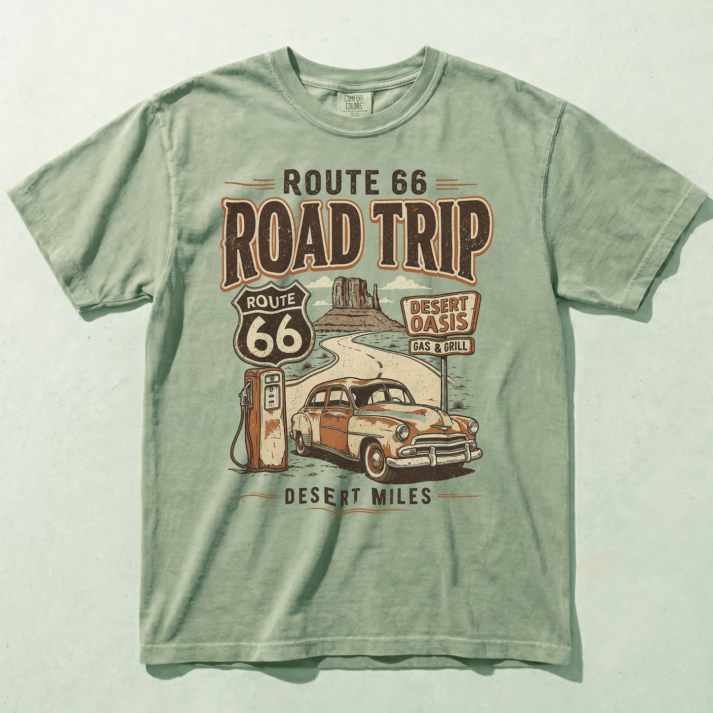 Route 66 Desert Oasis Graphic Tee Vintage Road Trip Classic Car Shirt
