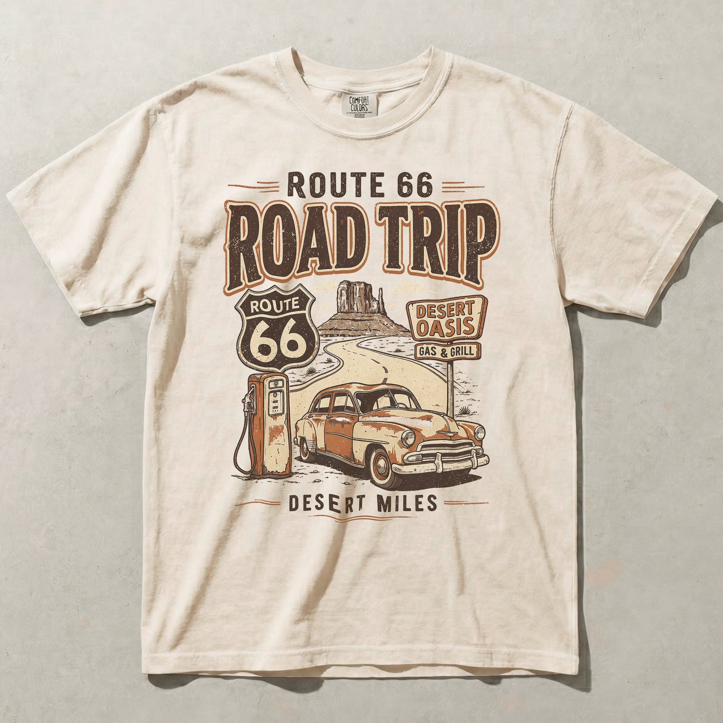 Route 66 Desert Oasis Graphic Tee Vintage Road Trip Classic Car Shirt