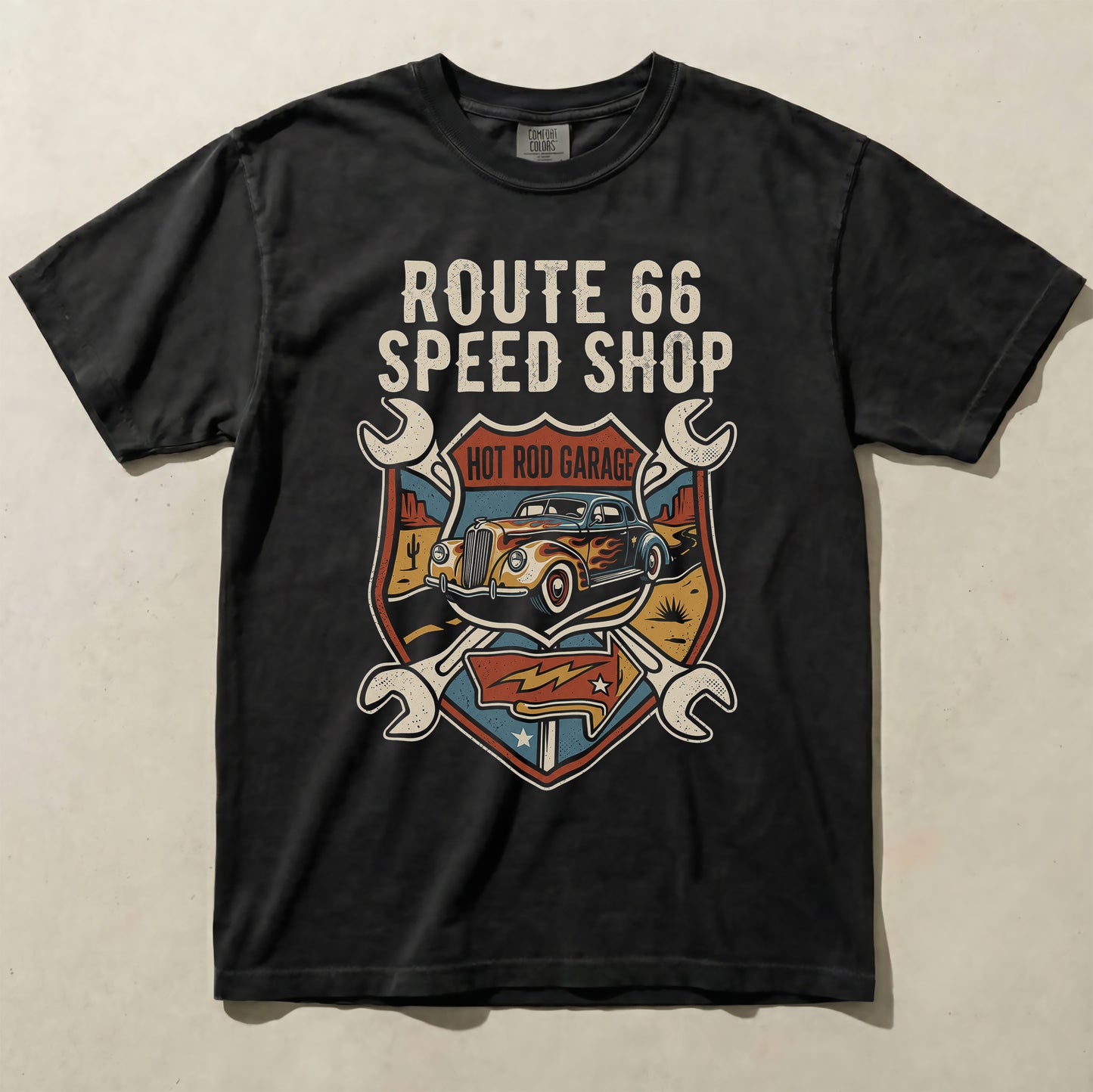 Route 66 Hot Rod Garage Graphic Tee – Vintage Classic Car Road Trip Shirt