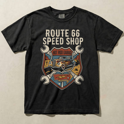 Route 66 Hot Rod Garage Graphic Tee – Vintage Classic Car Road Trip Shirt
