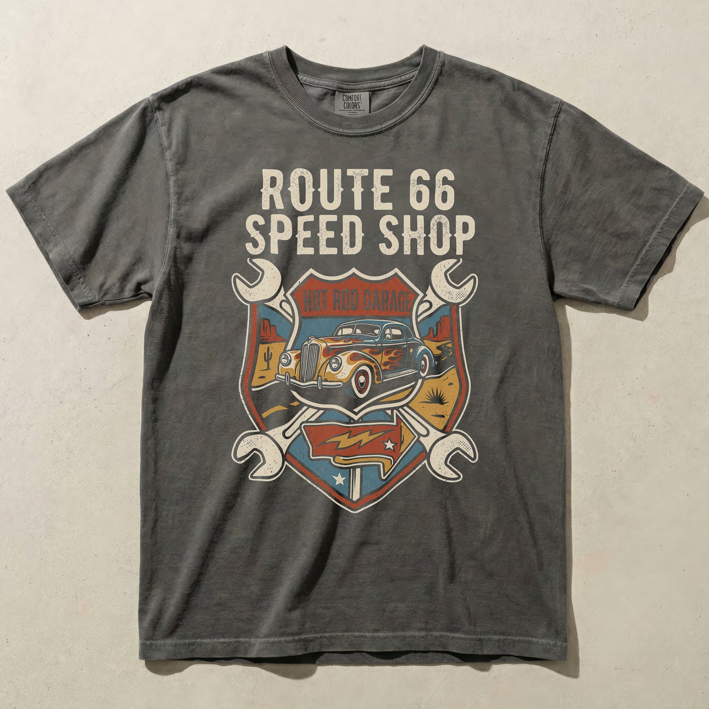Route 66 Hot Rod Garage Graphic Tee – Vintage Classic Car Road Trip Shirt
