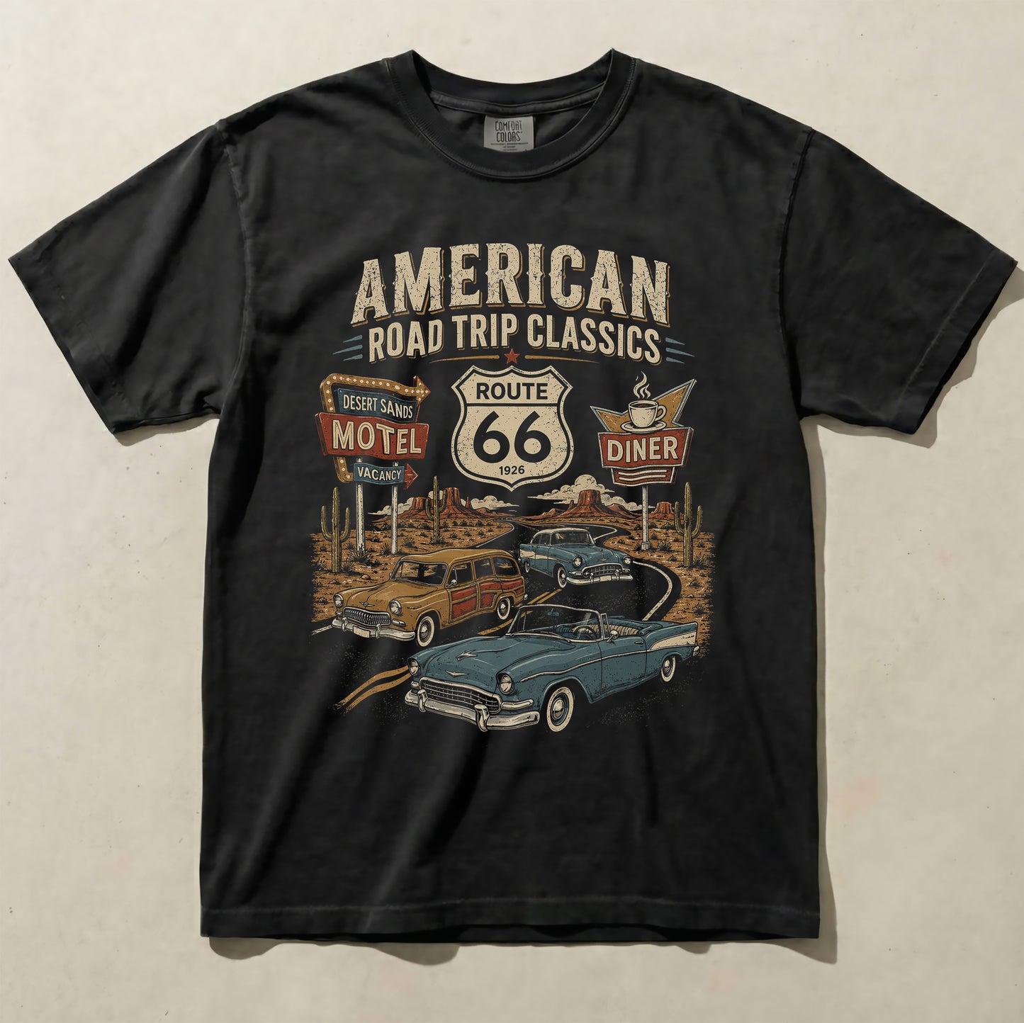 Route 66 Classic Cars Graphic Tee Vintage Diner Road Trip Shirt