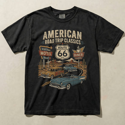 Route 66 Classic Cars Graphic Tee Vintage Diner Road Trip Shirt
