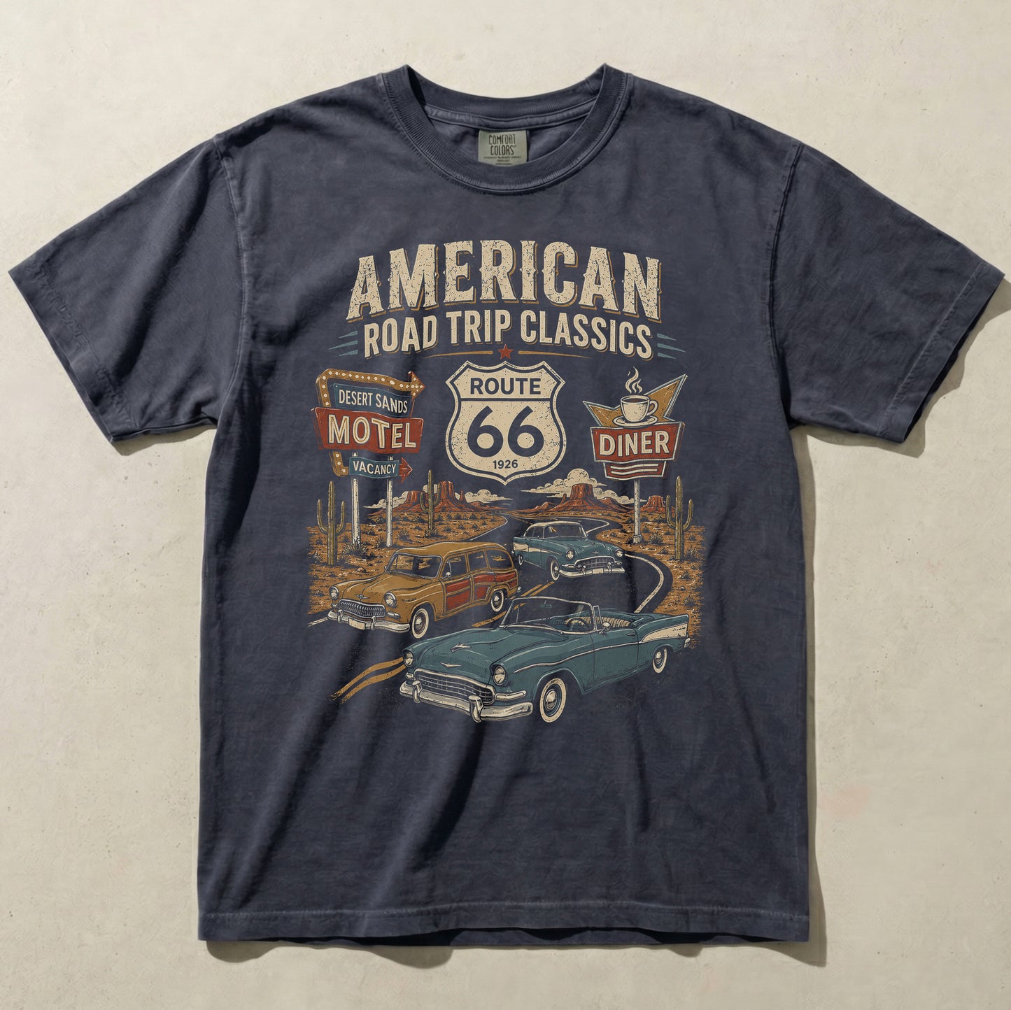 Route 66 Classic Cars Graphic Tee Vintage Diner Road Trip Shirt