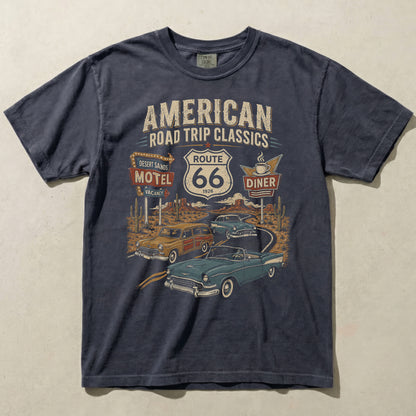 Route 66 Classic Cars Graphic Tee Vintage Diner Road Trip Shirt