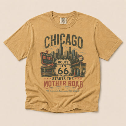 Chicago Starts the Mother Road Route 66 Graphic Tee | Centennial Road Trip Shirt