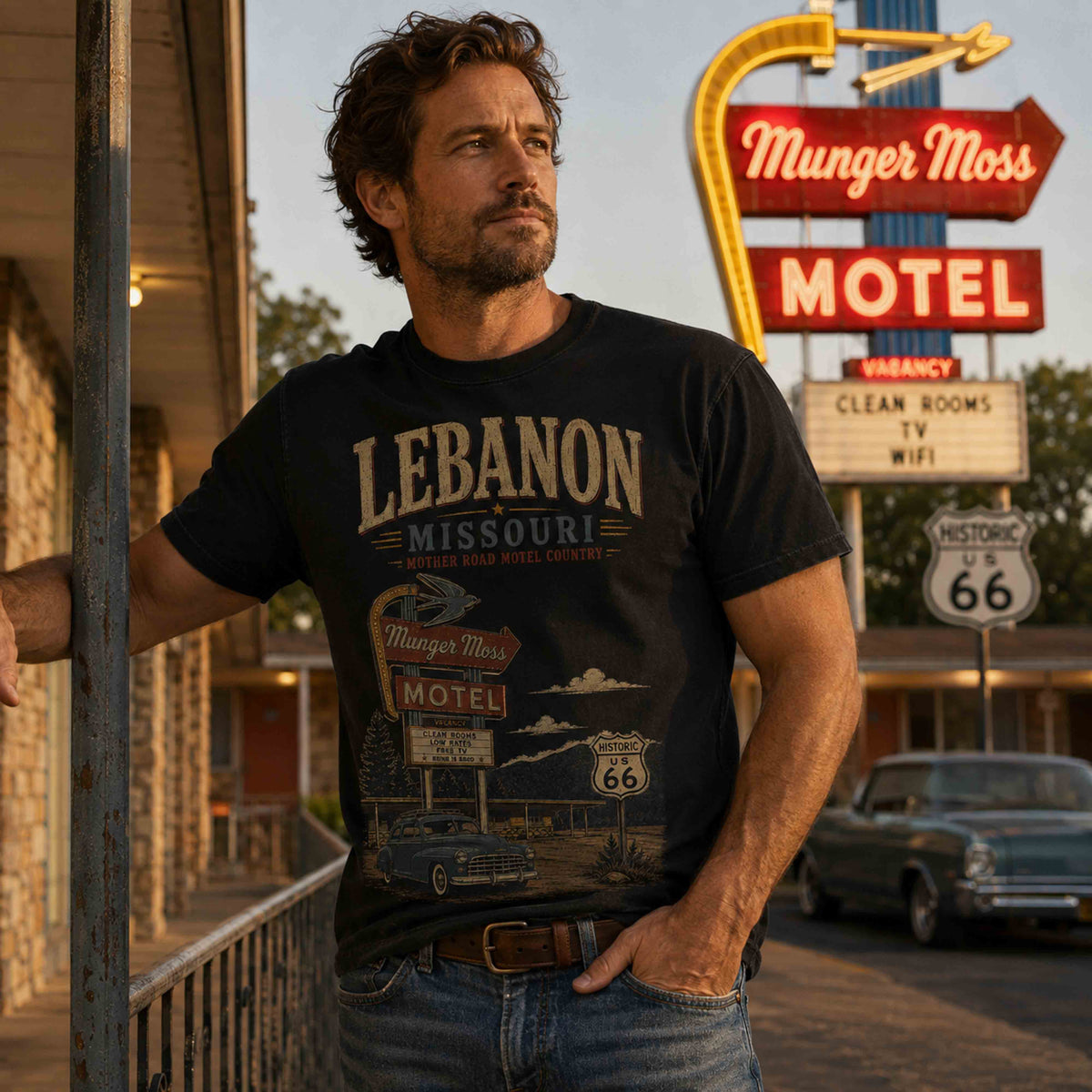 Navy Lebanon Missouri Route 66 Munger Moss Motel graphic tee flat lay showing distressed artwork