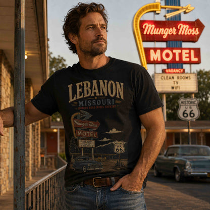 Navy Lebanon Missouri Route 66 Munger Moss Motel graphic tee flat lay showing distressed artwork