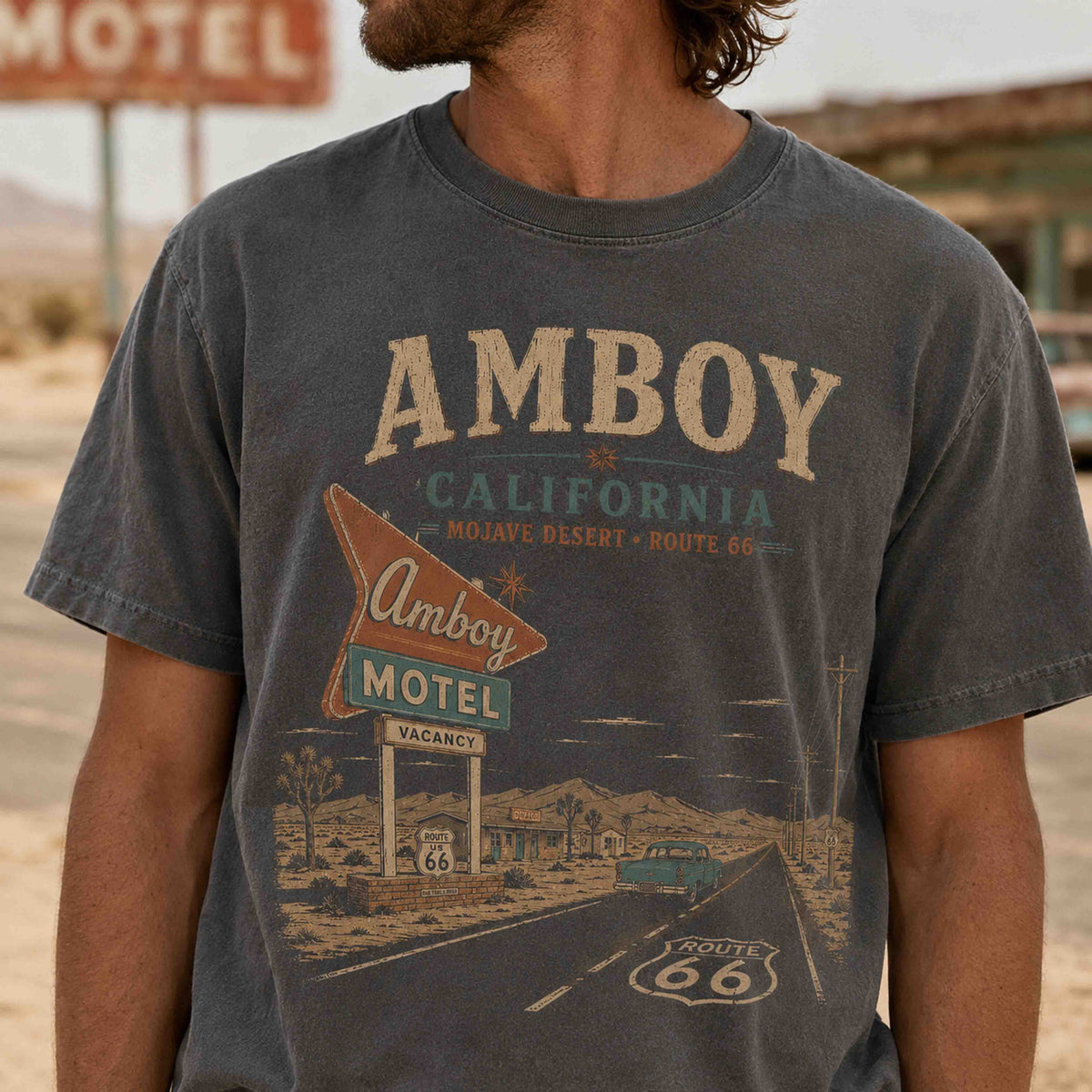 Pepper Comfort Colors Amboy California Route 66 Roy’s Motel graphic tee flat lay.