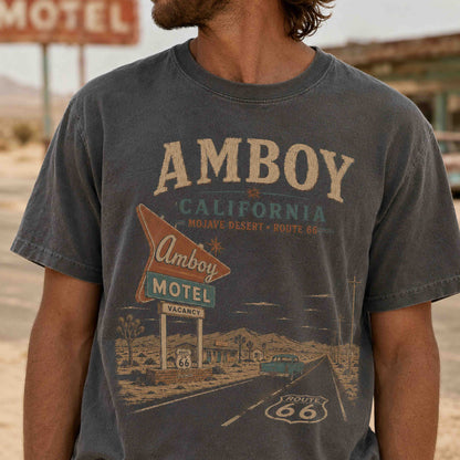 Pepper Comfort Colors Amboy California Route 66 Roy’s Motel graphic tee flat lay.