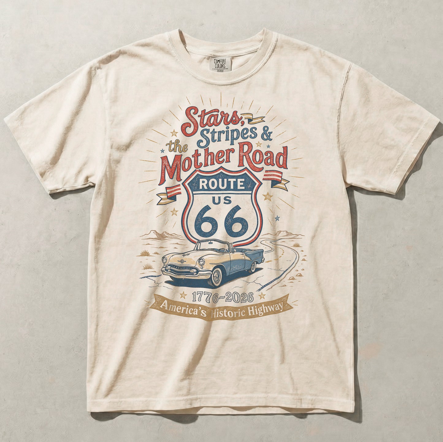 Stars Stripes and the Mother Road Route 66 1776 2026 Patriotic Graphic Tee
