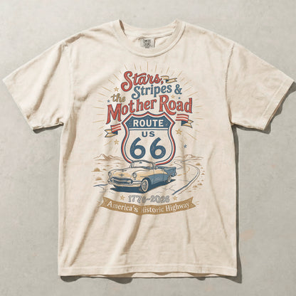 Stars Stripes and the Mother Road Route 66 1776 2026 Patriotic Graphic Tee