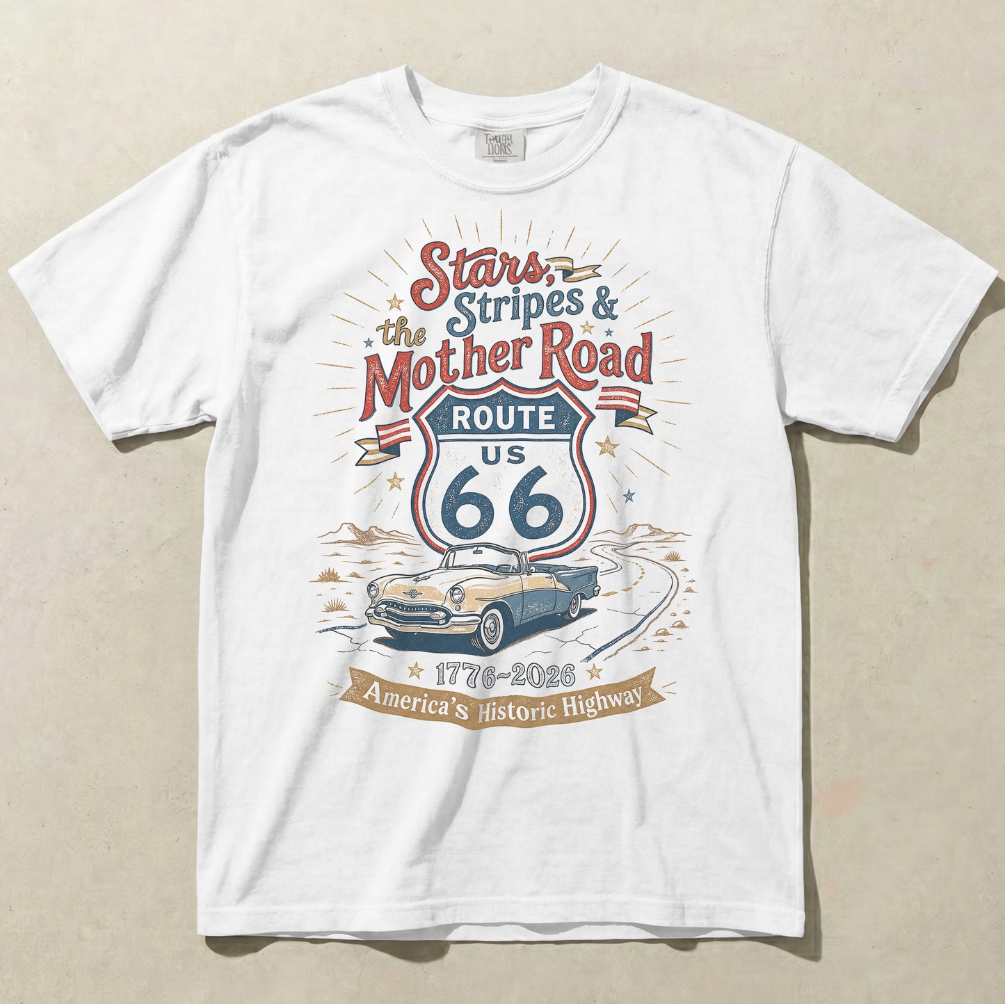 Stars Stripes and the Mother Road Route 66 1776 2026 Patriotic Graphic Tee