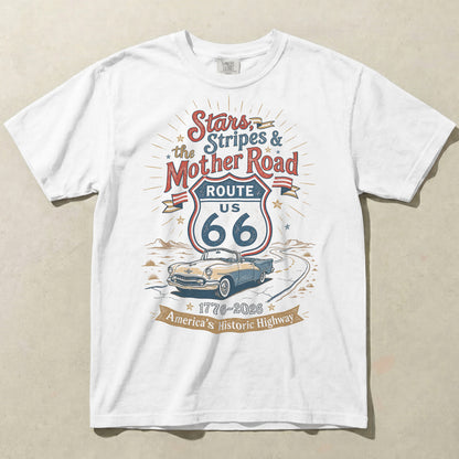 Stars Stripes and the Mother Road Route 66 1776 2026 Patriotic Graphic Tee