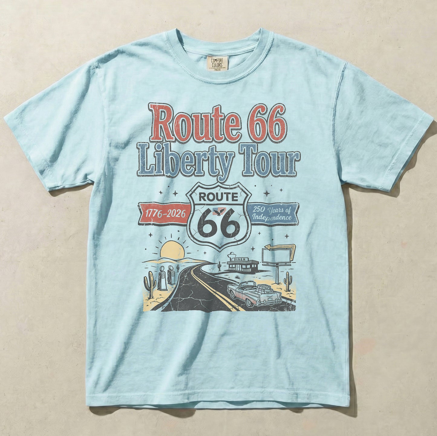 Route 66 Liberty Tour Shirt – America 250 Vintage Road Trip Graphic Tee