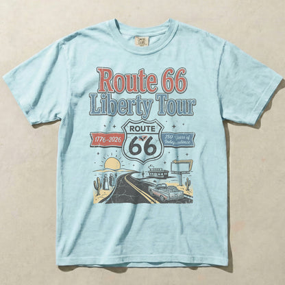 Route 66 Liberty Tour Shirt – America 250 Vintage Road Trip Graphic Tee