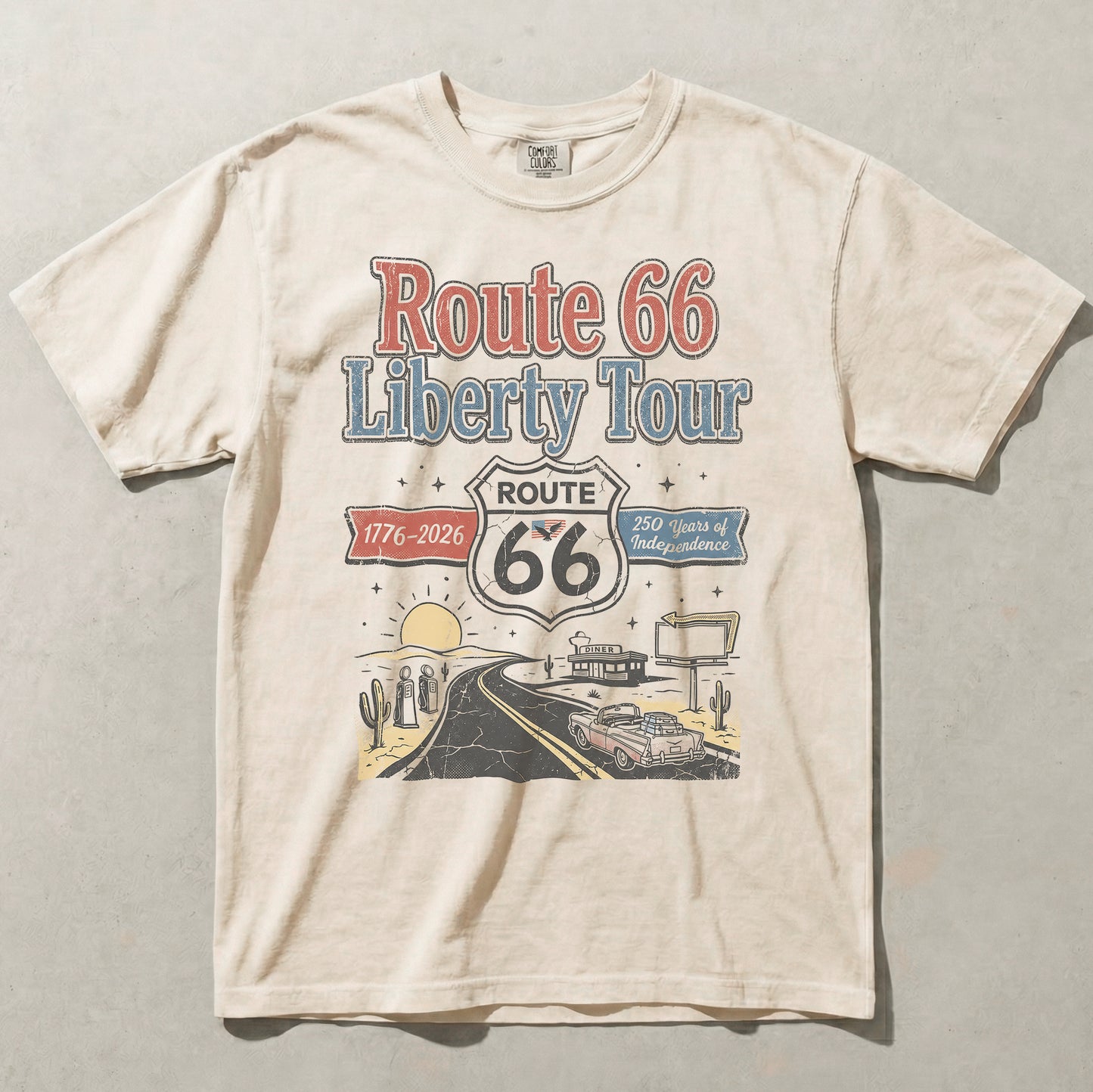 Route 66 Liberty Tour Shirt – America 250 Vintage Road Trip Graphic Tee