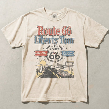 Route 66 Liberty Tour Shirt – America 250 Vintage Road Trip Graphic Tee