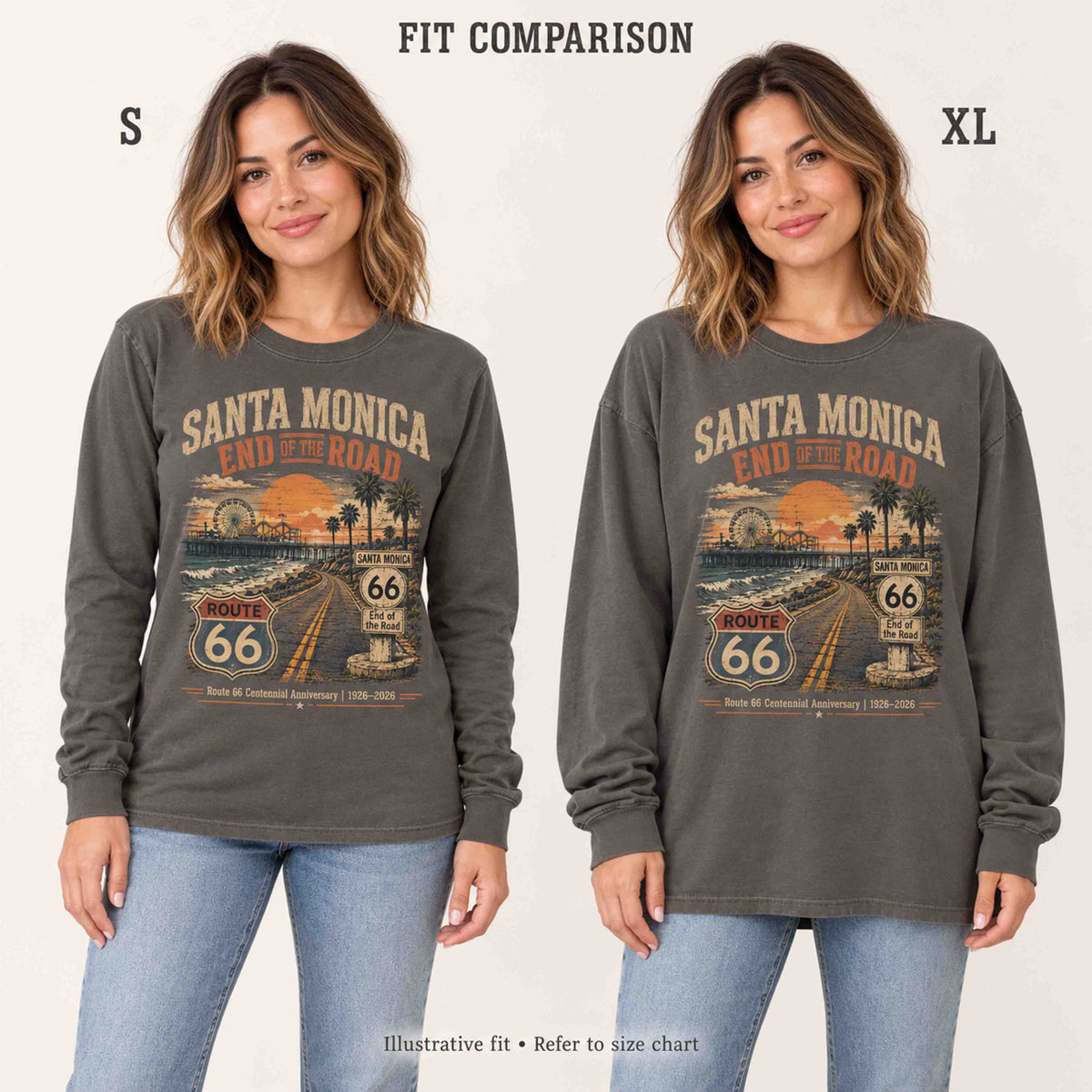 Illustrative S versus XL fit comparison of the Pepper Santa Monica long sleeve tee on a woman, showing the difference in overall fit and length.