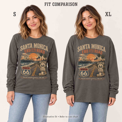 Illustrative S versus XL fit comparison of the Pepper Santa Monica long sleeve tee on a woman, showing the difference in overall fit and length.
