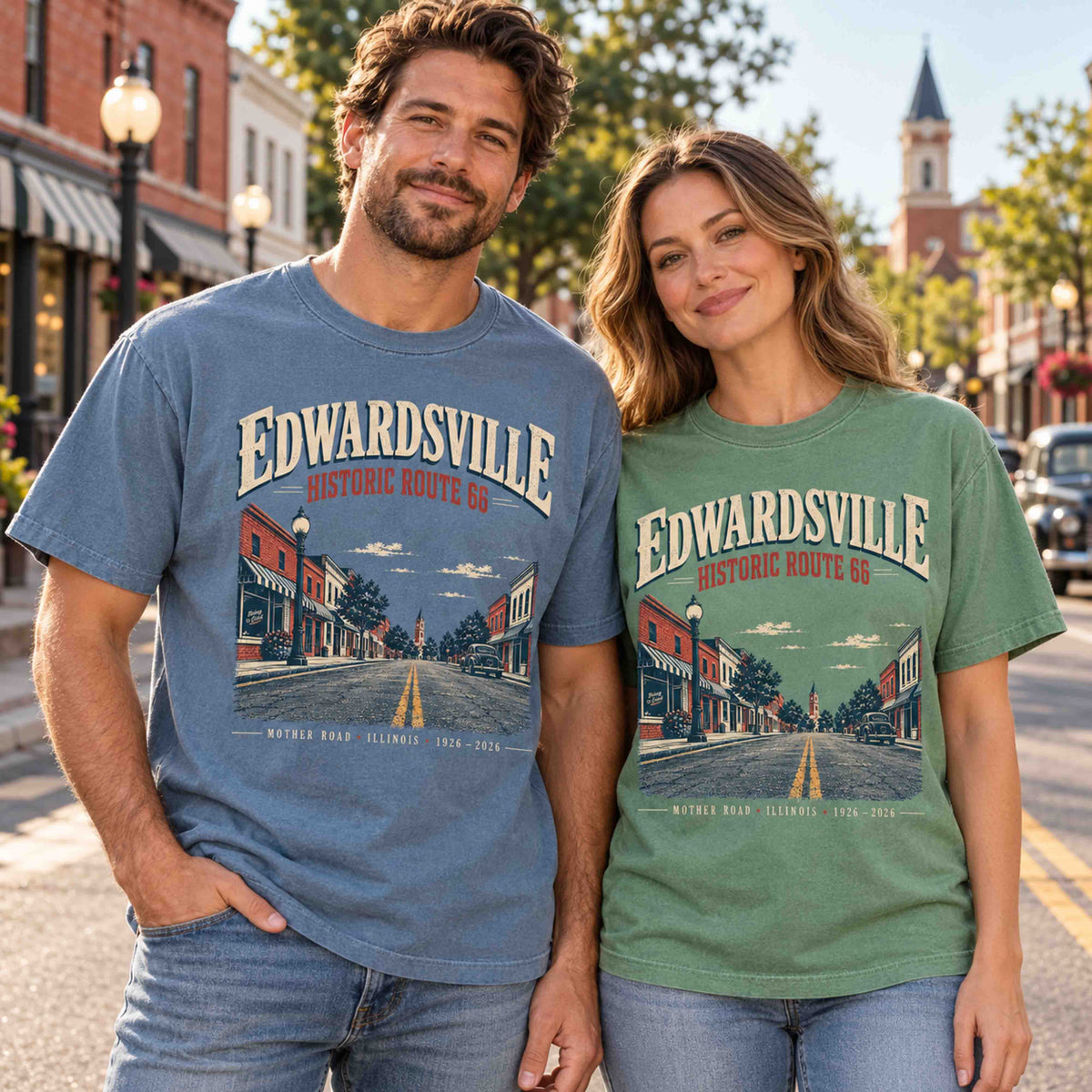 Couple wearing Blue Jean and Light Green Edwardsville Historic Route 66 graphic tees in downtown Edwardsville Illinois