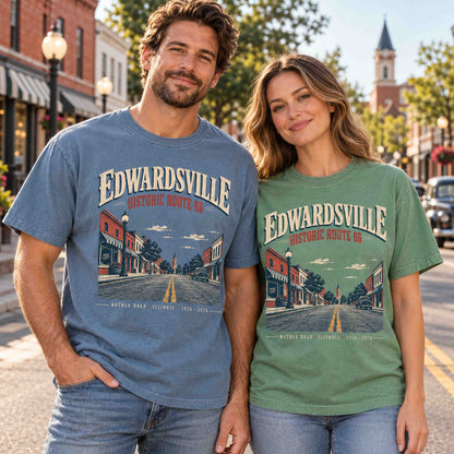 Couple wearing Blue Jean and Light Green Edwardsville Historic Route 66 graphic tees in downtown Edwardsville Illinois