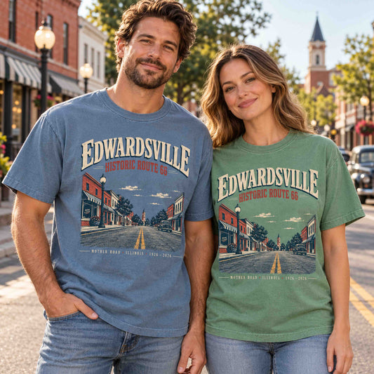Couple wearing Blue Jean and Light Green Edwardsville Historic Route 66 graphic tees in downtown Edwardsville Illinois
