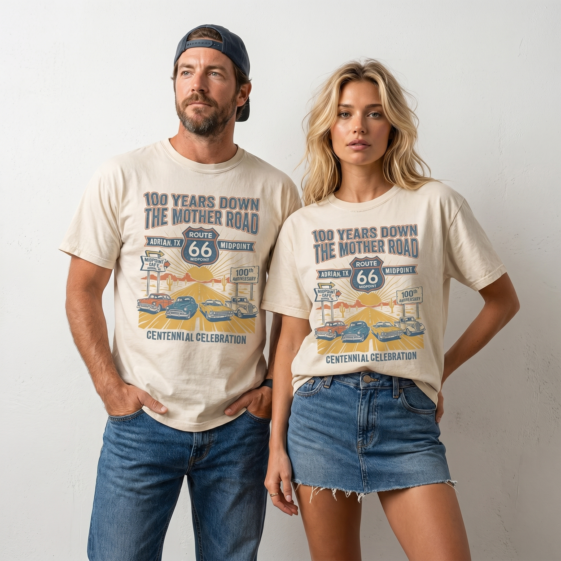 Route 66 100 Years Down the Mother Road t-shirt with vintage cars and Adrian Texas centennial design.