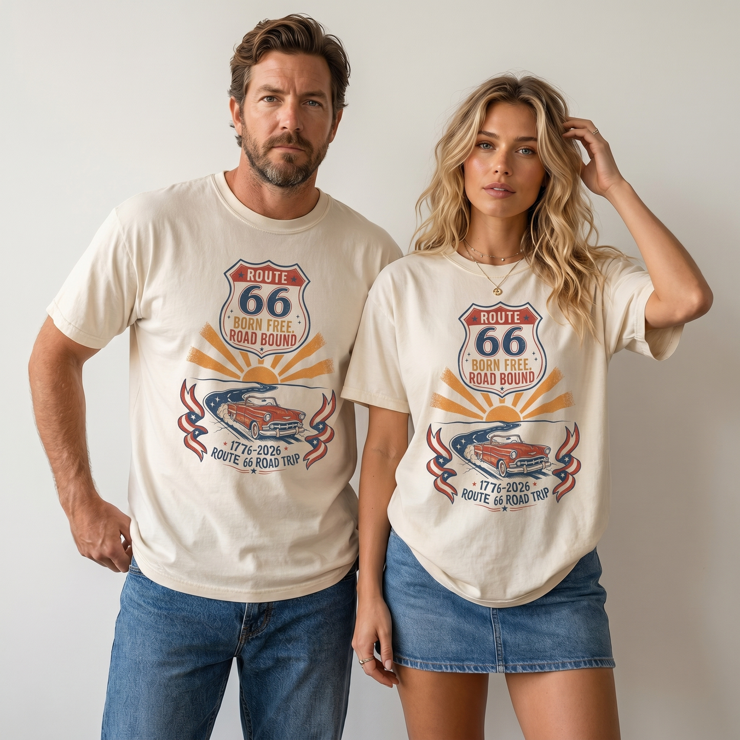 Route 66 Born Free Road Bound graphic t-shirt with vintage car, sunrise, patriotic ribbons, and America 250 road trip design