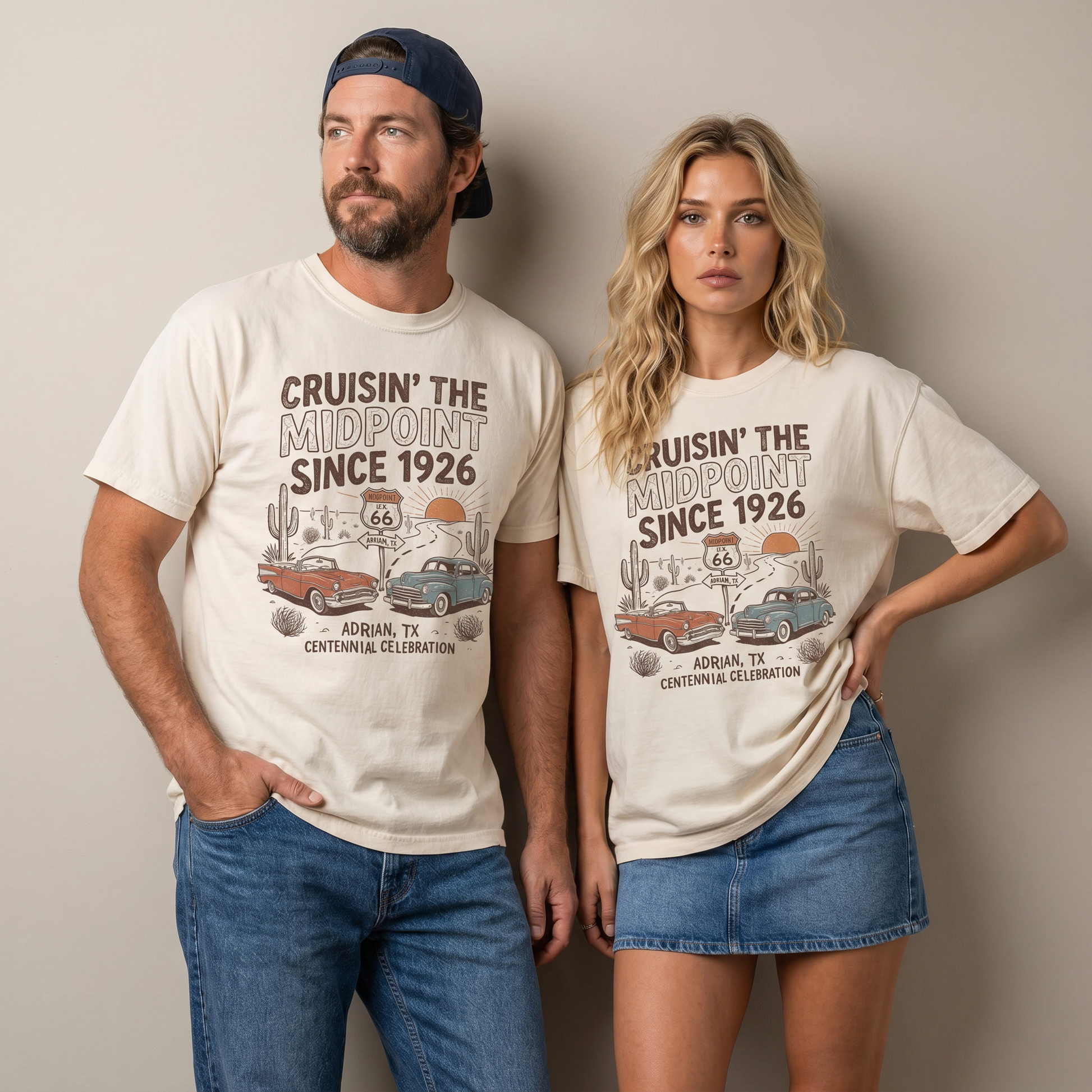 Route 66 Cruisin the Midpoint graphic t-shirt featuring vintage cars, desert road, and Adrian Texas midpoint design.