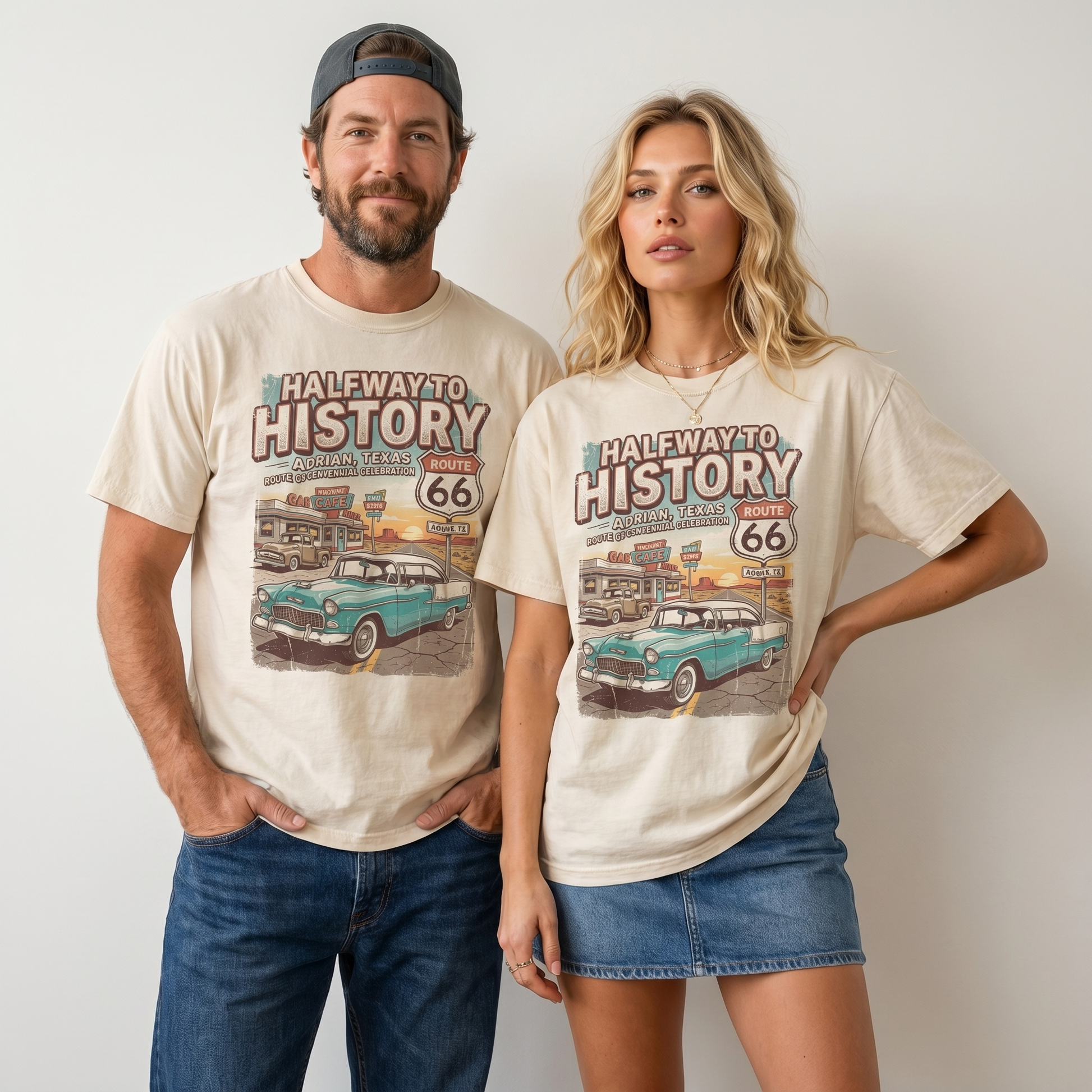 Route 66 Halfway to History graphic t-shirt featuring vintage car, gas station, and Adrian Texas midpoint design.