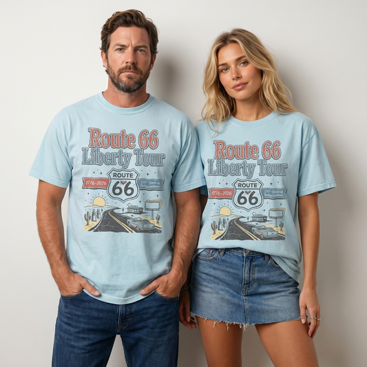 Route 66 Liberty Tour America 250 graphic t-shirt with vintage desert road trip artwork, Route 66 shield, classic car, and patriotic 1776-2026 details