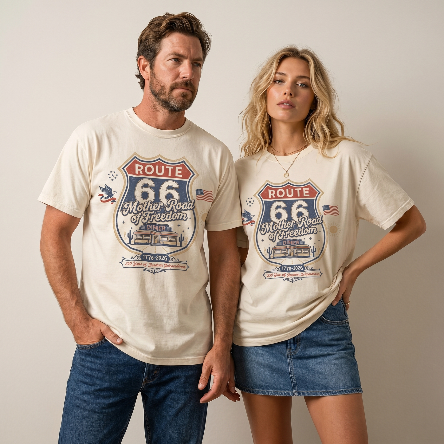 Route 66 Mother Road of Freedom t-shirt with 1776 2026 anniversary, diner, eagle, flag, and Americana design.