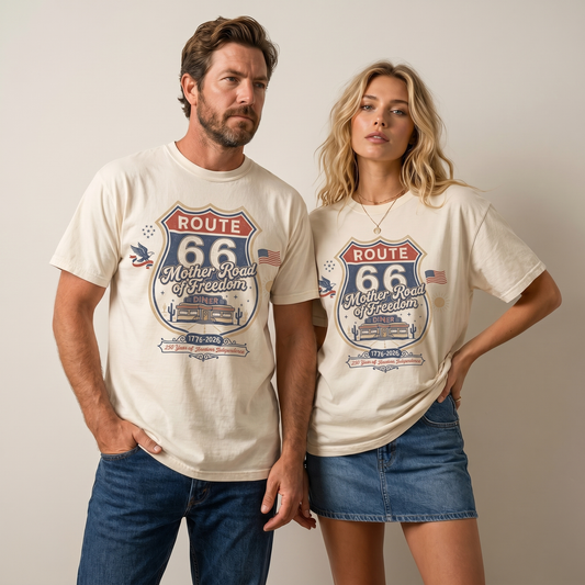 Route 66 Mother Road of Freedom t-shirt with 1776 2026 anniversary, diner, eagle, flag, and Americana design.