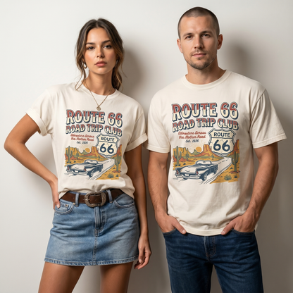 Route 66 Road Trip Club graphic tee featuring a vintage desert highway scene, classic car, cactus, Route 66 shield, and Mother Road text.